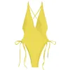 Ensemble maillot de bain femme col en V cravate côté coupe haute maillot de bain maillots de bain Sexy short en cuir rembourré Bikini rouge et jaune Bikini