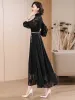 Robe Nouvelles femmes noir Jacquard robe en mousseline de soie été élégant col montant lanterne manches ample longue robe Style français robe fluide