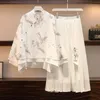 Oversized Womens Summer Butterfly Sweet Chinese Suit Embroidered Top Hanfu Blouse Skirt Twopiece Set Large Size 240220