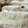 Bedding Sets Princess Chiffon Lace Luxury Green Egyptian Cotton Flowers Embroidery Duvet Cover Bed Sheet Pillowcases 2024