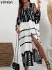 Dress VONDA 2024 Women Bohemian Long Shirt Dress Summer Deep Vneck Printed Maxi Sundress Buttons 3/4 Sleeve Cold Shoulder Vestidos