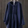 Blus Jocoo Jolee Women Autumn Casual Long Sleeve O Neck Loose Blue Vintage Harajuku Solid Cotton and Linen Shirt Overdimased Tops