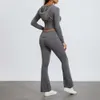 Womens Knit Tracksuit Two Piece Outfits Long Sleeve Zip Up Cropped Hoodie and Bootcut Flare Pants Set Sportwear