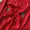 Vestidos casuais chrismas baile vermelho mulheres cetim sexy profundo decote em v vestido de ponto dourado senhoras lanterna manga bowknot festa cintura mini feminino