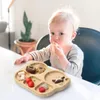 3 pc bambu de madeira louça conjunto colher de silicone garfo ferramenta de alimentação do bebê dos desenhos animados placa de jantar com otário presentes de aniversário do bebê 240306