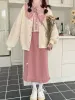 ドレスHouzhou Kawaii Pink Corduroy Long Skirt女性日本のファッションかわいいハイウエストスプリットボウストレートミディスカートの女の子の秋