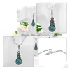 Boucles d'oreilles Collier Vintage Turquoise Pendentif Collier Dangle Boucles D'oreilles Ensemble Pour Femmes Rétro Pierre Naturelle Bijoux De Mode En Bk D Dhmch