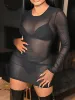 Set LW SXY Slim Plain Crew Neck Mini Black Dresses See Through Bodycon Stretchy Wrapped Skirt Long Sleeve Bikini Coverup