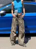 Jeans con stampa leopardata per donna Gamba larga a vita alta Foro grande Streetwear Pantaloni larghi larghi alla moda coreana in denim Y2k Strappato 240229