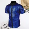 Vintage 70s Disco Men's Club Shirt Reflective Shiny Sequins Turn-down Collar Short Sleeve Button Down Men