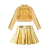 Stage Wear Meninas Crianças Lantejoulas Metálicas Ballet Lyrical Dance Outfit Crop Top com Mini Saia Plissada Cheerleading Trajes de Desempenho