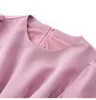 2024 Frühlings-Rosa einfarbiges Taillengürtelkleid 1/2 halbe Ärmel Rundhals-Midi-Freizeitkleider W4M053402