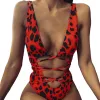 Sätt sexig baddräkttråd gratis djup vneck rygglös bodysuit badkläder triangel skärning leopard tryck kvinnor monokini för simning