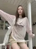 T-shirt American Retro Letter Print Long Sleeve Summer Tshirts Women Y2k Sunscreen Contrast Color Tees O Neck Loose Thin Hoodies