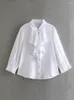 Kvinnor Bluses Women Shirts Tops 2024 Front Layered Ruffle Button Up Office Lady Elegant Shirt Lapel Collar Long Sleeve White Top