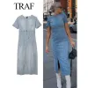 Dress TRAF Woman Denim Dress 2023 Summer Zip Slit Jean Short Sleeve Long Dresses Women Streetwear Female Dress