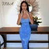 Sukienka FSDA 2021 Summer Blue Midi Dress Women Sleveveless Party Print Backless plaż