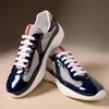 Yüksek kaliteli tasarımcı Amerika Kupa Spor ayakkabı koşucusu düz eğitmenler gündelik ayakkabılar patent deri siyah mavi örgü dantelli açık ve naylon kutu