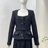 Vestidos casuais 2024 de alta qualidade tweed jaqueta retalhos plissado ruched manga longa cinto mulheres midi vestido