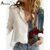 Skjorta AIMSNUG Plus Size Ladies Elegant Casual Linen Shirt 3D Print Women's Top Open Stitch Blue Femme Blusa Shirt Ropa Mujer 2023