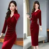 Casual Dresses Women Slim Fit Dress Elegant V Neck Rhinestone Evening For Pleated Tight Waist Knee Length Prom Party