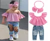 Summer baby girl kids clothes Set pink topRipped Jeans Denim pantsbows Headband 3 pcs sets Kids Designer Clothes Girls JY3454655929