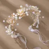 Fashion Headpieces White Pearl Rhinestone Flower Leaf Branch Handmade Bridal Hair Band Head Accessories Wedding Jewelry