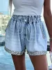 Shorts casuais Aline Rhinestone jeans Mulheres 2023 Verão Madeira contas de contas altas calças largas de pernas largas femininas de rua chiques