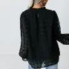 Blouse Women Puff Long Sleeve Chiffon T Shirts Ruffled Mock Neck Swiss Dot Jacquard Blouse Solid Color Casual Loose Keyhole Back Tops