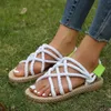 Sandalen Sommer Einfache Hausschuhe Frauen Stroh Boden Flache Seil Lässige Mode Strand Boho Stil Cross Strap Flip-Flops Schuhe