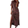 Casual Dresses Female For Teens Girls Stripe Maxi Dress Short Sleeve V Neck Loose Long Beach Split Clothing