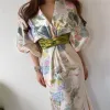 Vestido moda feminina chique vestido vintage flor impresso cetim elegante vestidos longos com decote em v cintura alta quimono verão senhora robe vestidos g537
