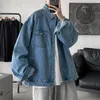 Trend masy mody czysty kolor niebieski dżinsowe kurtki luźne swobodne kieszonkowe płaszcze kieszonkowe z długim rękawem M-2xl 240305
