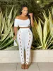 Suits FQLWL Summer Streetwear All solid Two Pieces Sets For Women 2023 white Pants Sets Slash Neck Crop Tops And Hollow Out Pants