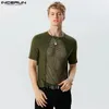 Incerun män t shirt mesh lapptäcke o-hals kort ärm streetwear camisetas stilfull transparent sommar män kläder s-5xl 240220