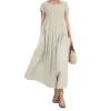 Kleid Damen Kleid Baumwolle Leinen Kurzarm Quadratischer Ausschnitt Elegant Lässige Sommerkleider für Frauen Vintage Solides Maxikleid