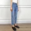 Kvinnors jeans hög midja fotled rakt ben 2024 sommar i denim byxor koreanskt mode