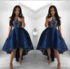 2024 Vintage Navy Blue Lace Tail Hals hohe Low Short Party Prom Kleider Heimkehr arabisch Vestidos Abendkleider