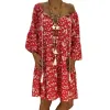 Dress Summer Women Sexy Boho Floral Print Long Sleeve Deep V Dress Casual Loose Holiday Beach Shirt Dress Ladies Pullover Mini Dress