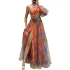 Lässige Kleider, formelles Abendkleid, elegante Party, One-Shoulder-Batik-Ballkleid mit Mesh-Blasenärmeln, geteilter Saum für Damen