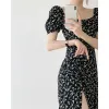 Dress New Summer Boho Floral Print Black Dress Women Vintage Puff Sleeve Square Collar Slit Dresses 2022 Beach Holiday Aline Dress