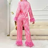 Satin pajama set y2k womens pink striped single chest shirt with feather decoration and long pants pajamas 240306