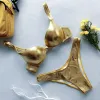 Set metalik yaz push up yastıklı sutyen mayo plaj plaj giymek kadınlar seksi tanga bikini set gümüş altın dropshipping biquini mayo