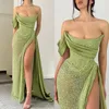 Fashion Green Sequins Prom Dress ogstuff Strapless Evening Gowns Pleats Slit Formal Red Carpet Long Special Occasion Party dress