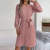 Abiti casual Estate stampati floreali per le donne Moda primaverile O-Collo maniche lunghe Abito longuette a pieghe con lacci Elegante fluido