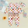 Footies nouveau-né bébé fille barboteuse à carreaux fermeture éclair manches longues Footie combinaison à volants body avec bandeau 2 pièces ensemble YQ240306