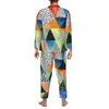 Homens sleepwear pijamas homem abstrato geometria diária nightwear doodled impressão 2 peças vintage conjunto de mangas compridas na moda oversized casa terno