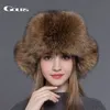 Gours Chapeau De Fourrure pour Femmes Naturel Fourrure De Renard De Raton Laveur Russe Ushanka Chapeaux D'hiver Épais Oreilles Chaudes Mode Bomber Cap Noir Nouvelle Arrivée L323Q