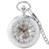 Mechanical Hand Winding Pocket Watch Blue Roman Numerals Display Transparent Cover Antique Silver Fob Pendant Pocket Clock 240220