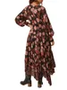 Casual Dresses Women Bohemian Floral Print Maxi Dress Vintage Fall Loose Long Sleeve V-hals Swing Flowy Beach